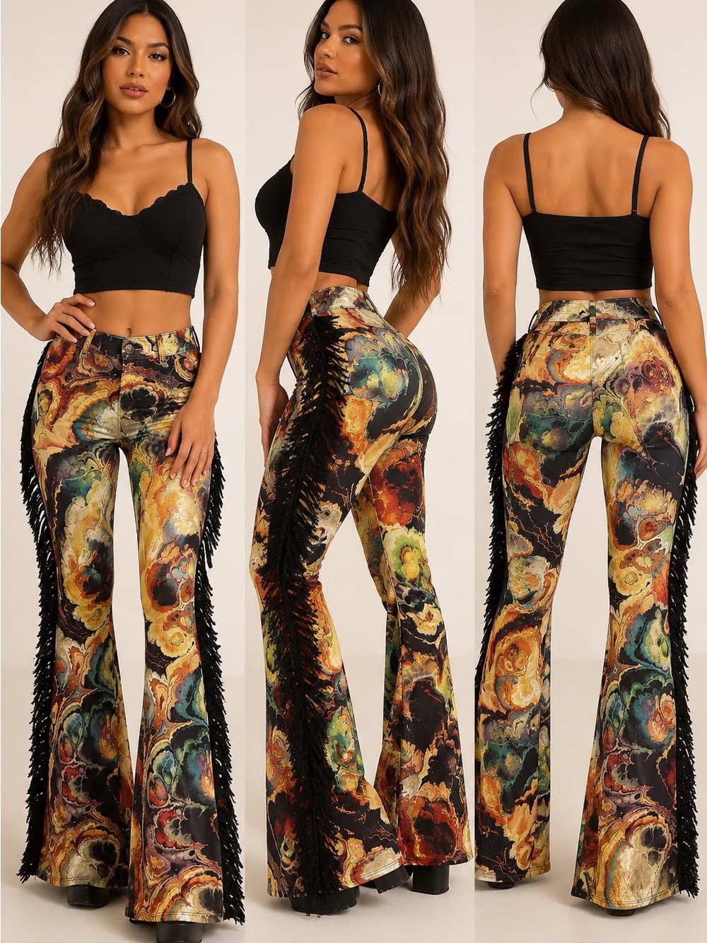 Fashion Nova Marble Print Fringe Flare Pants Size M Festival Y2K